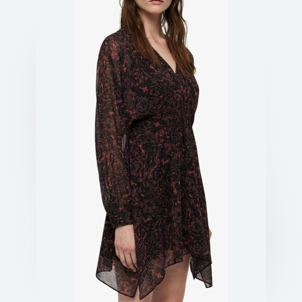 All Saints Nichola Rosey Dress Black and Red Patterned Long Sleeve Mini Medium